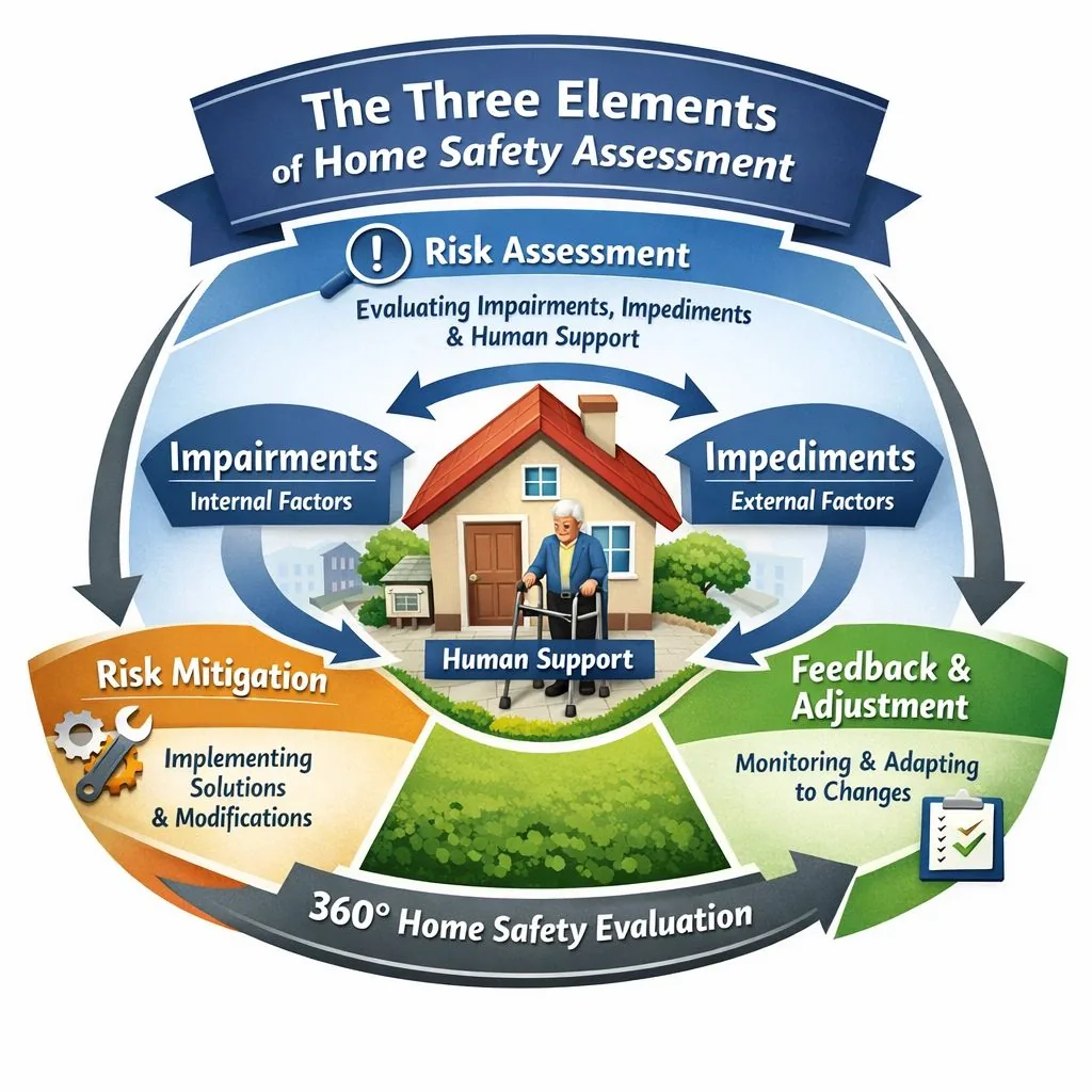 Diagram titled The Three Elements of Home Safety Assessment. An older man with a walker stands outside his home, labeled Human Support, between Impairments (internal factors) and Impediments (external factors). Around them, Risk Assessment leads to Risk Mitigation and Feedback and Adjustment, framed as a 360 degree home safety evaluation.