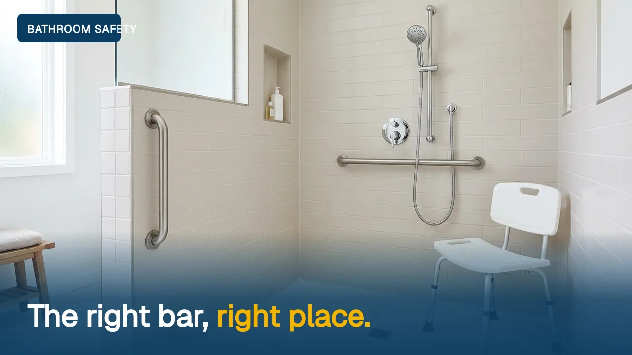 A walk-in shower fitted with a vertical entry grab bar, a horizontal back-wall bar, a shower chair and a handheld shower head.