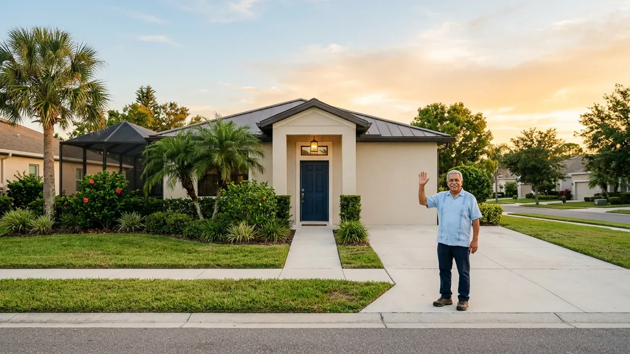A single-story Florida ranch home at golden hour with a neighbor waving from the next driveway.