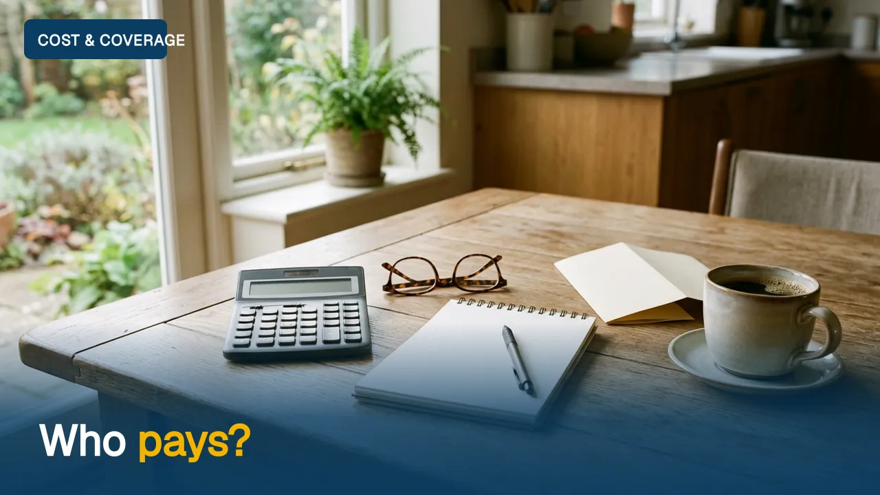 A generic Medicare card, a calculator and a notepad with a question mark on a kitchen table.
