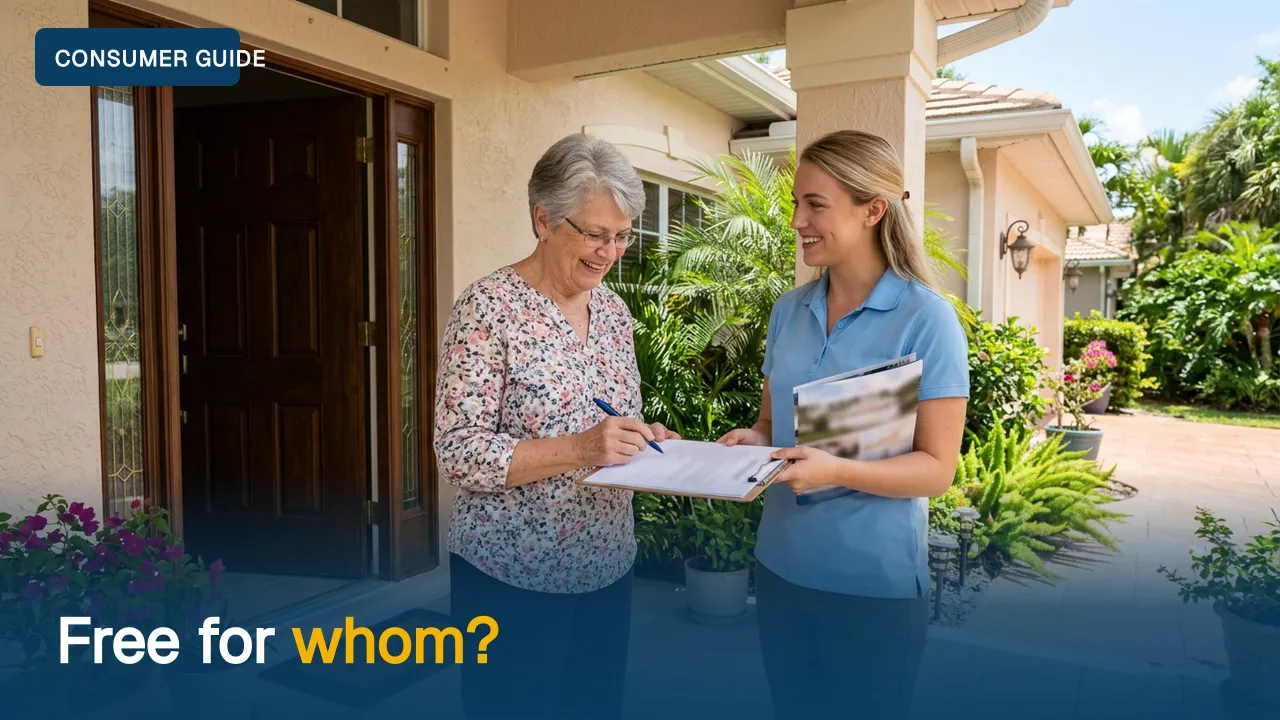 A salesperson with a clipboard at a front door while an older homeowner considers a contract.