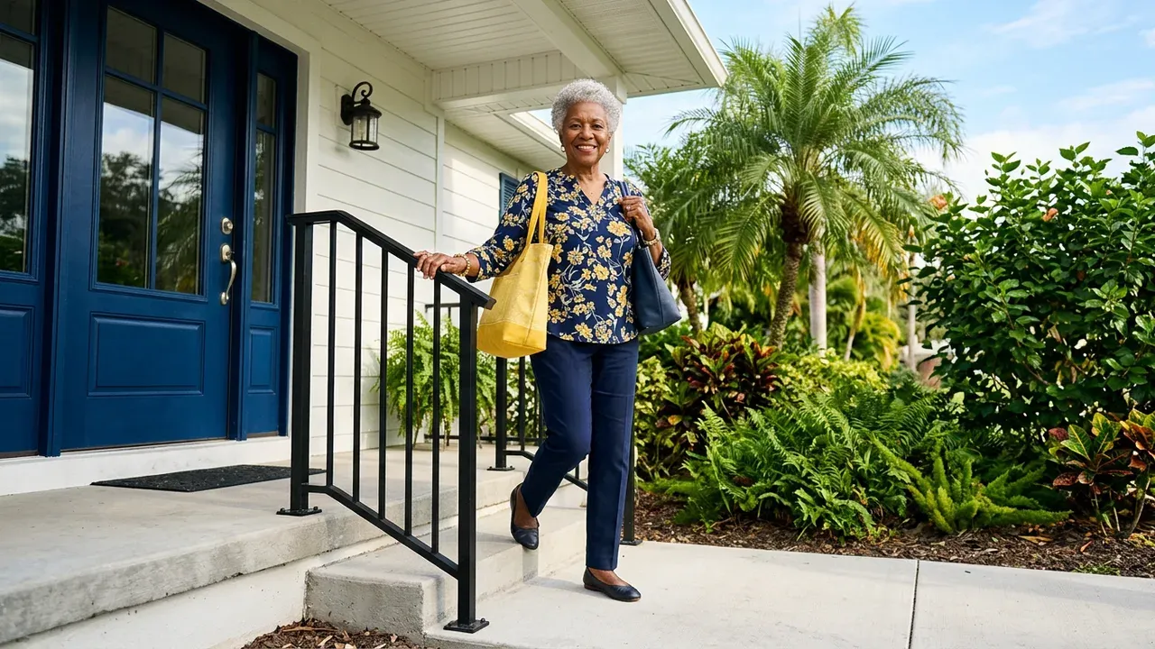 An older woman stepping out her front door, one hand on a sturdy handrail, on her way out for the day.