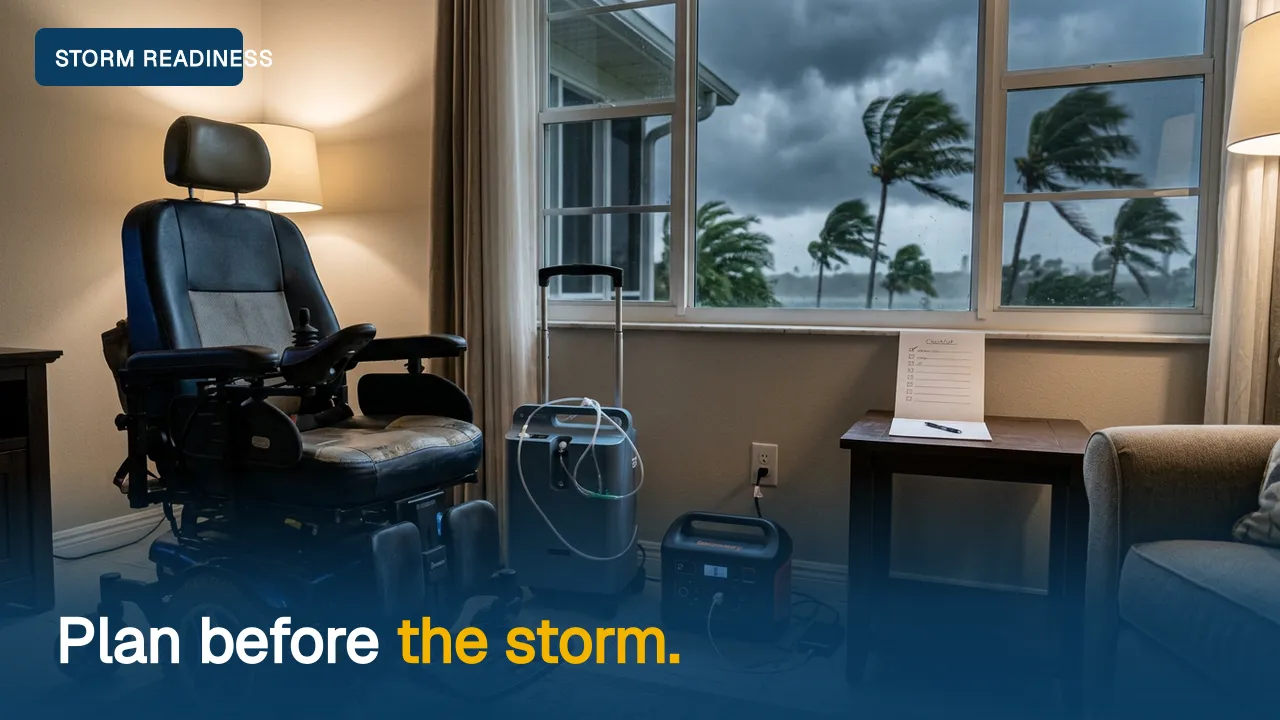 A power wheelchair and portable oxygen concentrator charging indoors while storm clouds gather outside the window.