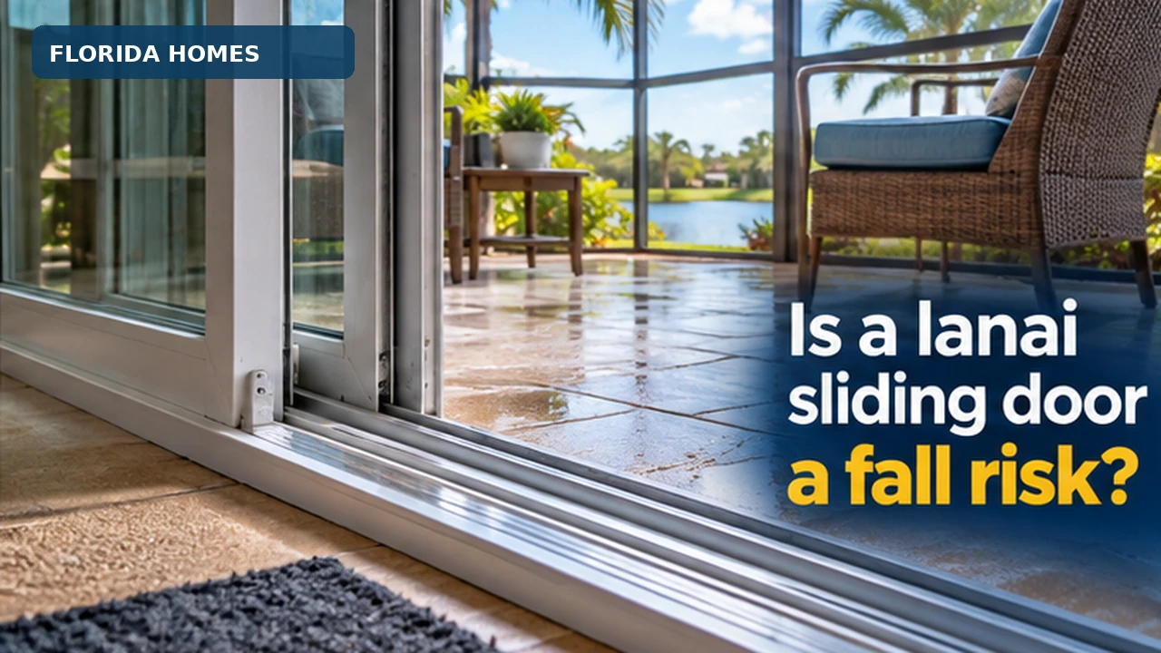 A rollator's front wheels at the raised track of a sliding glass door opening onto a screened Florida lanai.