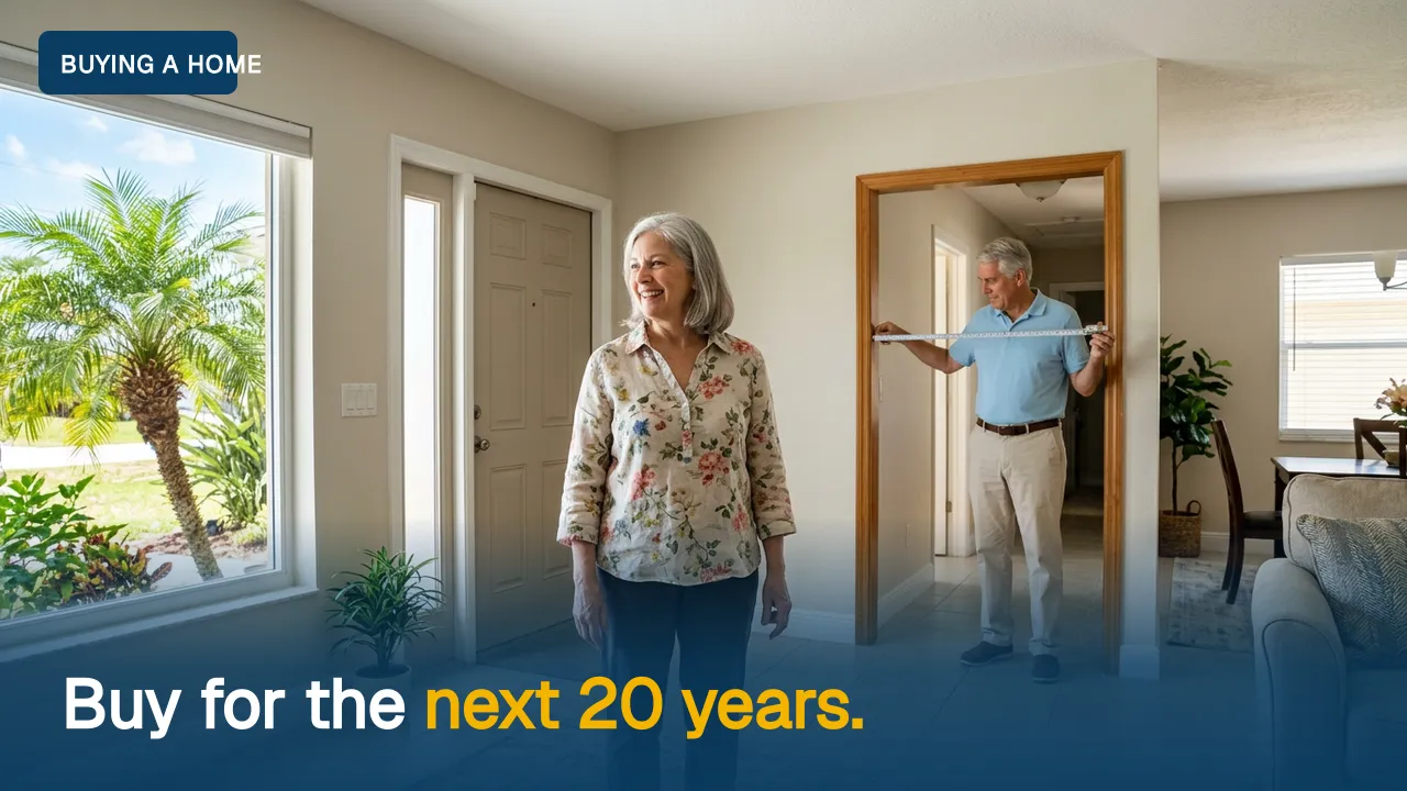 A couple on a home tour measuring a doorway in a one-story Florida house.