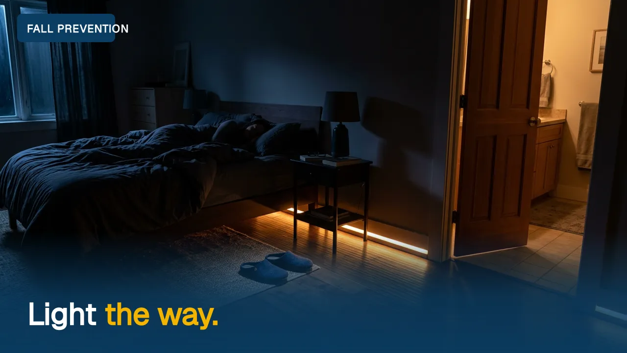 A dark bedroom with a soft amber floor light guiding the way from the bed to the bathroom door.