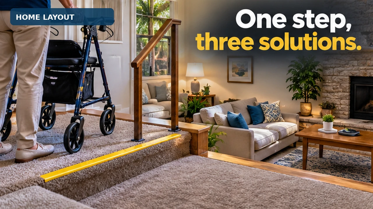 A rollator at the top of a single step into a sunken living room, with a handrail and a contrasting strip on the step edge.