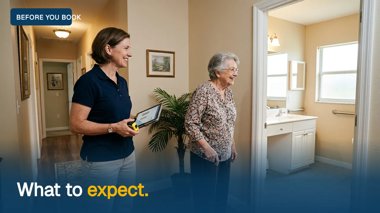 A clinician with a tablet and tape measure walking through a hallway with an older woman who uses a cane.