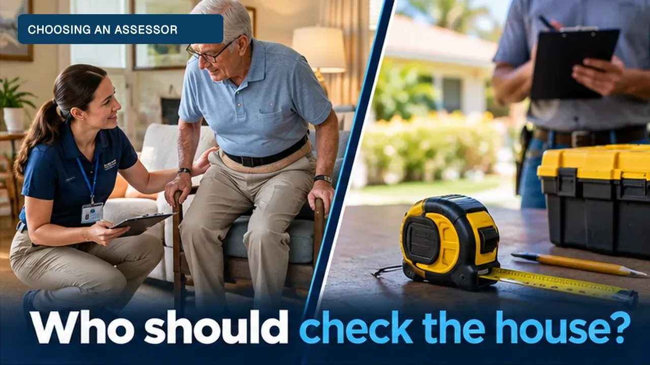 A clinician watching an older adult stand from a chair, beside a contractor's tape measure and toolbox.