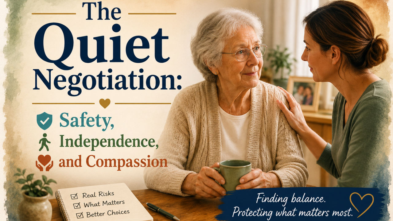 An older woman holding a mug at her kitchen table while her adult daughter rests a hand on her shoulder, beside a notebook that reads Real Risks, What Matters, Better Choices, under the words Finding balance. Protecting what matters most.